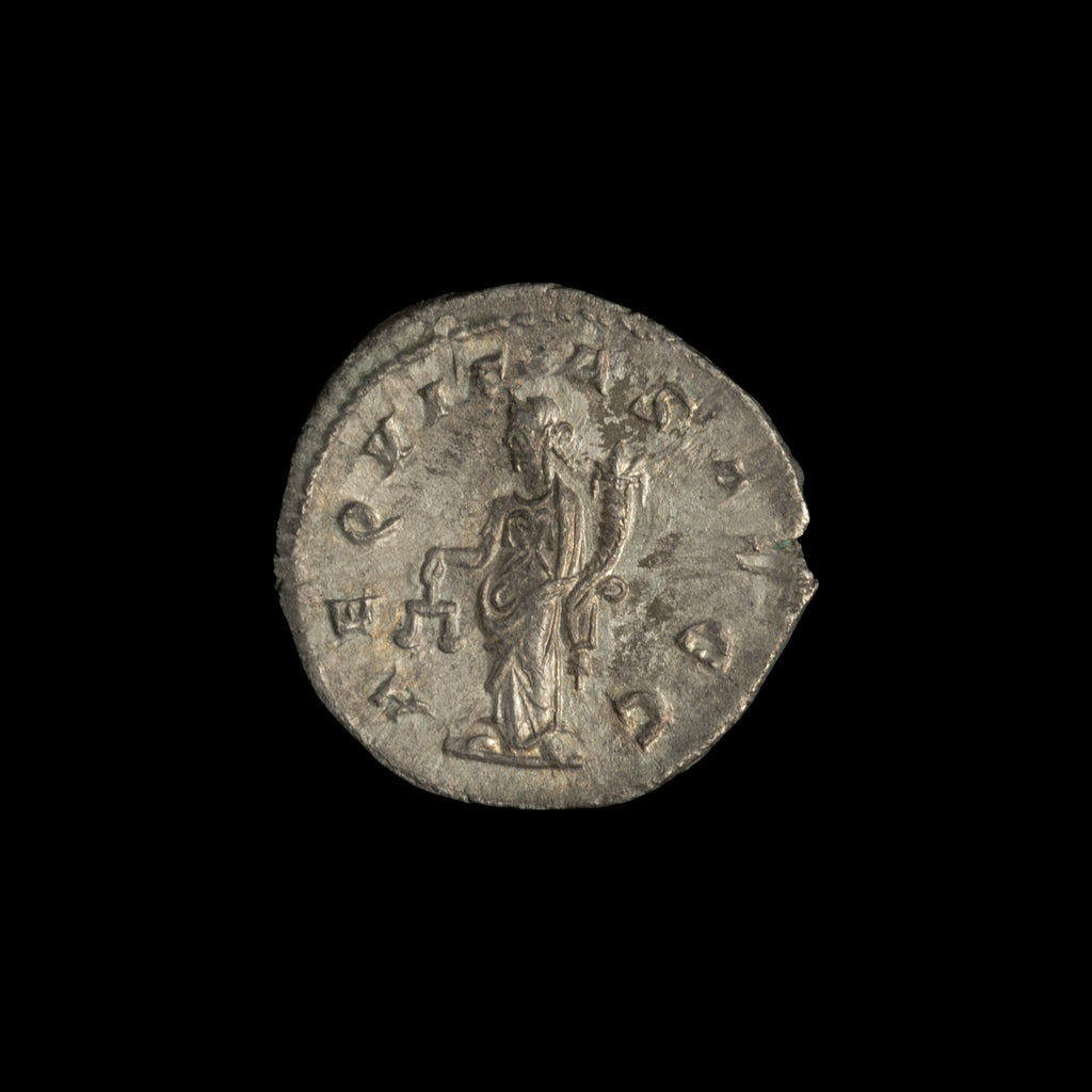 Reverse of Roman silver antoninianus of Philip I, showing Aequitas, legend AEQVITAS AVGG.