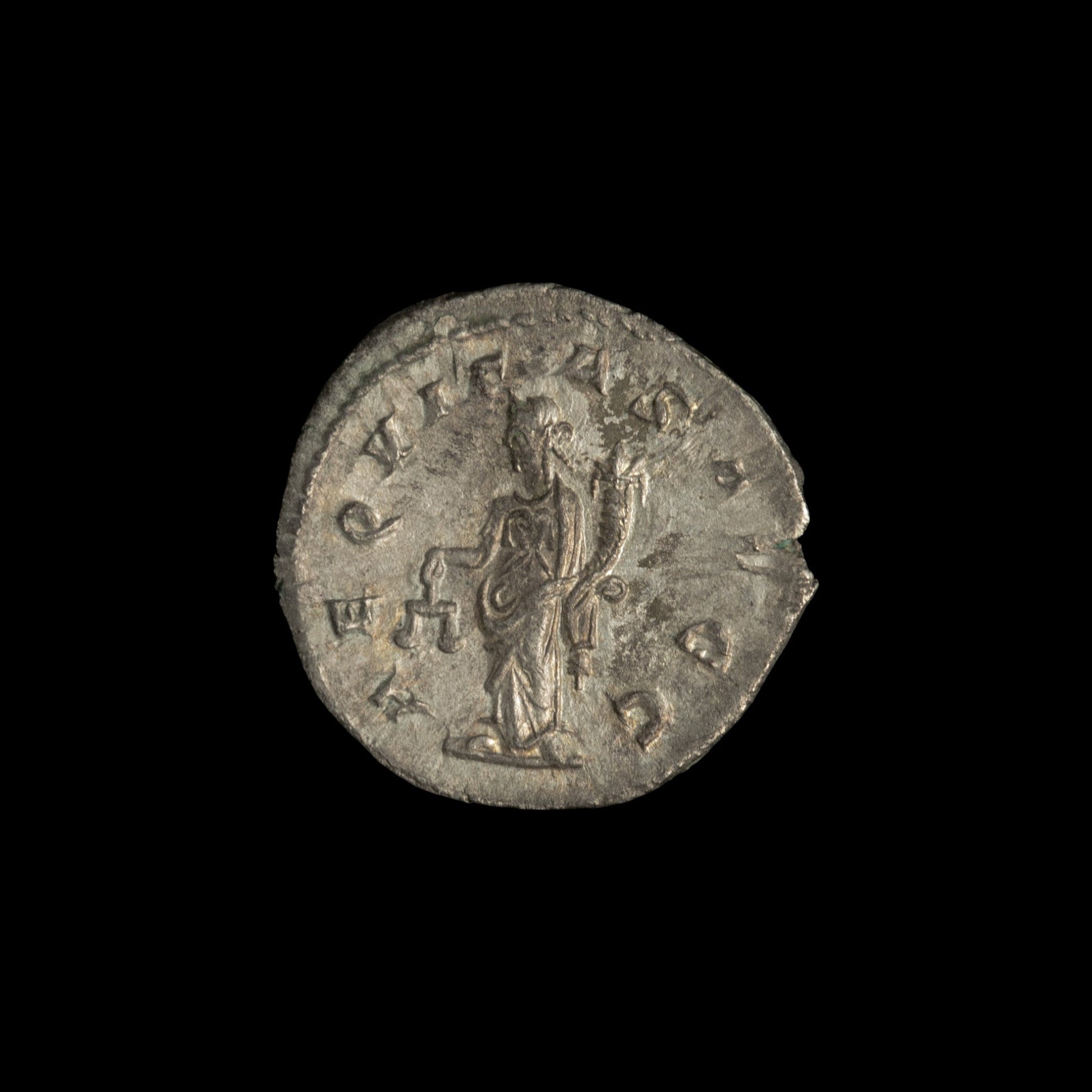 Reverse of Roman silver antoninianus of Philip I, showing Aequitas, legend AEQVITAS AVGG.