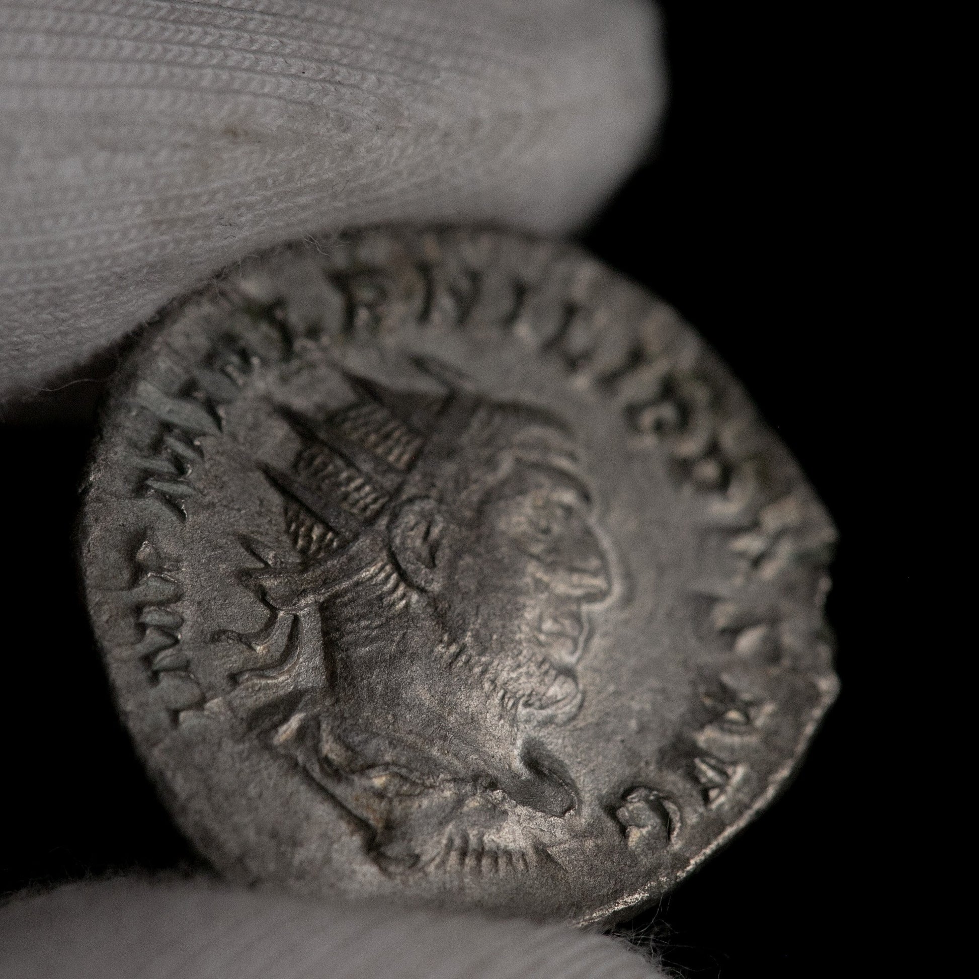 Macro detail of Roman silver antoninianus of Philip I, portrait close-up.
