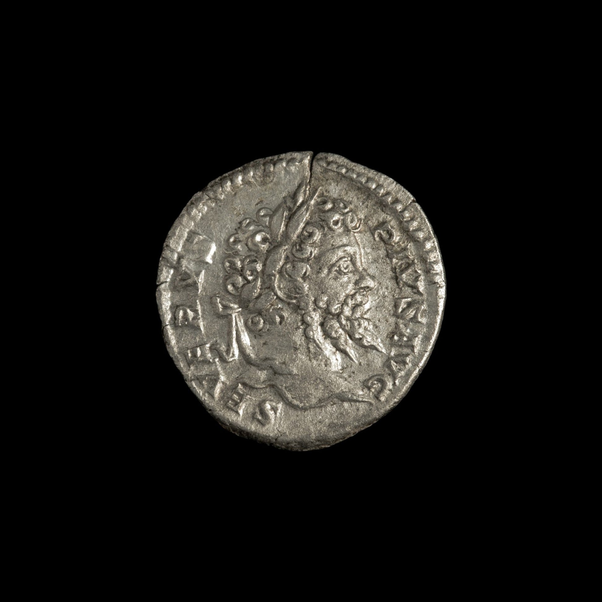 Obverse of Roman silver denarius of Septimius Severus, legend SEVERVS PIVS AVG, radiate or laureate bust right.