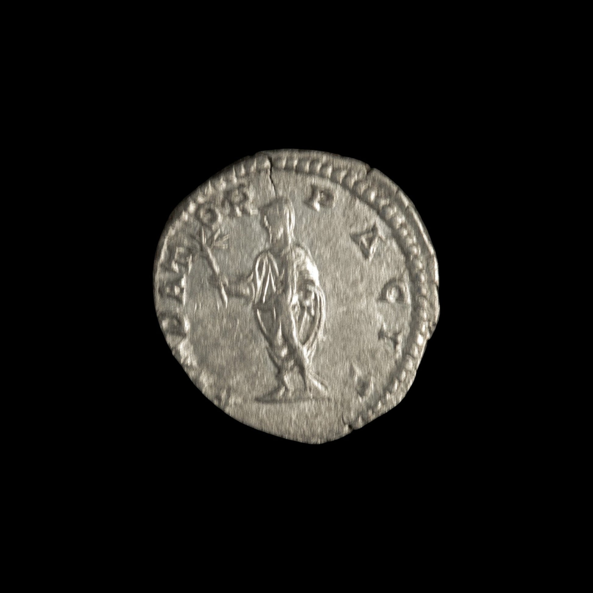 Reverse of Roman silver denarius of Septimius Severus, showing Septimius Severus, legend FVNDATOR PACIS.