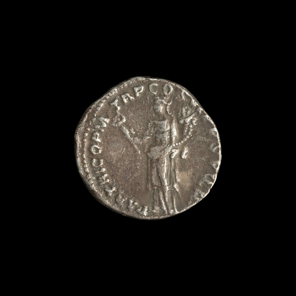 Reverse of Roman silver denarius of Trajan, showing Felicitas standing facing, legend PARTHICO P M TR P COS VI P P S P Q R.