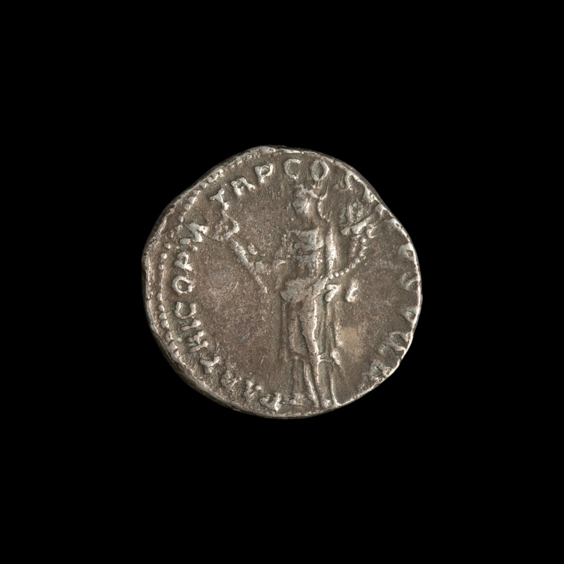 Reverse of Roman silver denarius of Trajan, showing Felicitas standing facing, legend PARTHICO P M TR P COS VI P P S P Q R.
