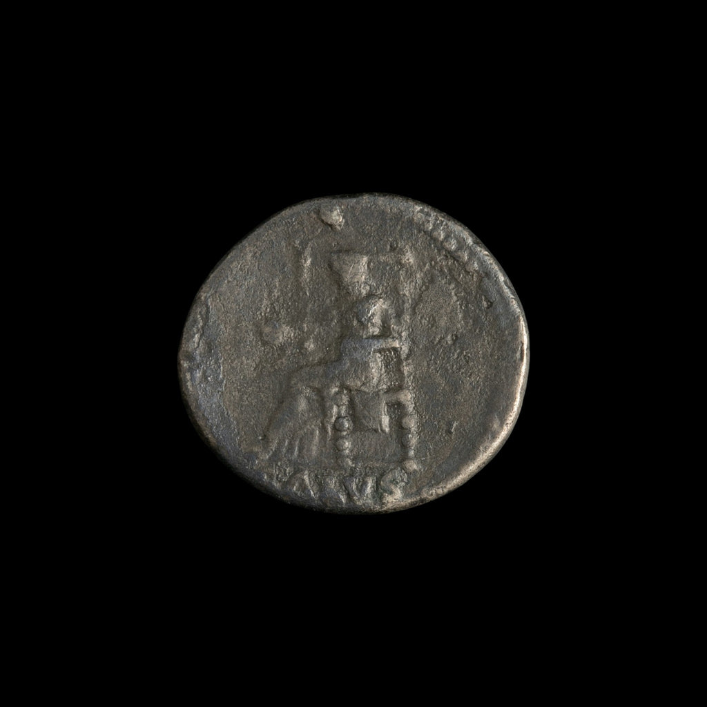 Reverse of Roman silver denarius of Nero, showing Salus seated left on throne, legend SALVS.