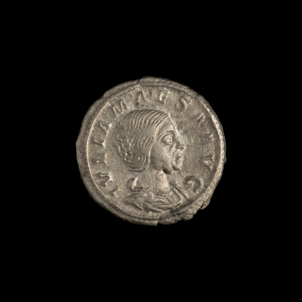 Obverse of Roman silver denarius of Julia Maesa, legend IVLIA MAESA AVG, radiate or laureate bust right.