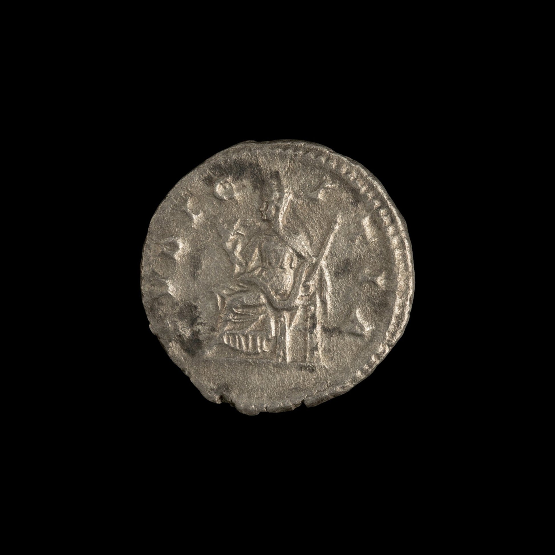 Reverse of Roman silver denarius of Julia Maesa, showing Pudicitia seated left, legend PVDICITIA.