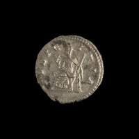 Reverse of Roman silver denarius of Julia Maesa, showing Pudicitia seated left, legend PVDICITIA.