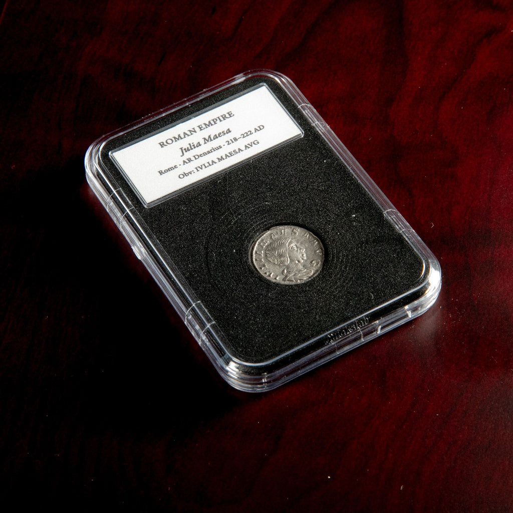 Roman silver denarius of Julia Maesa in protective slab with catalog label.