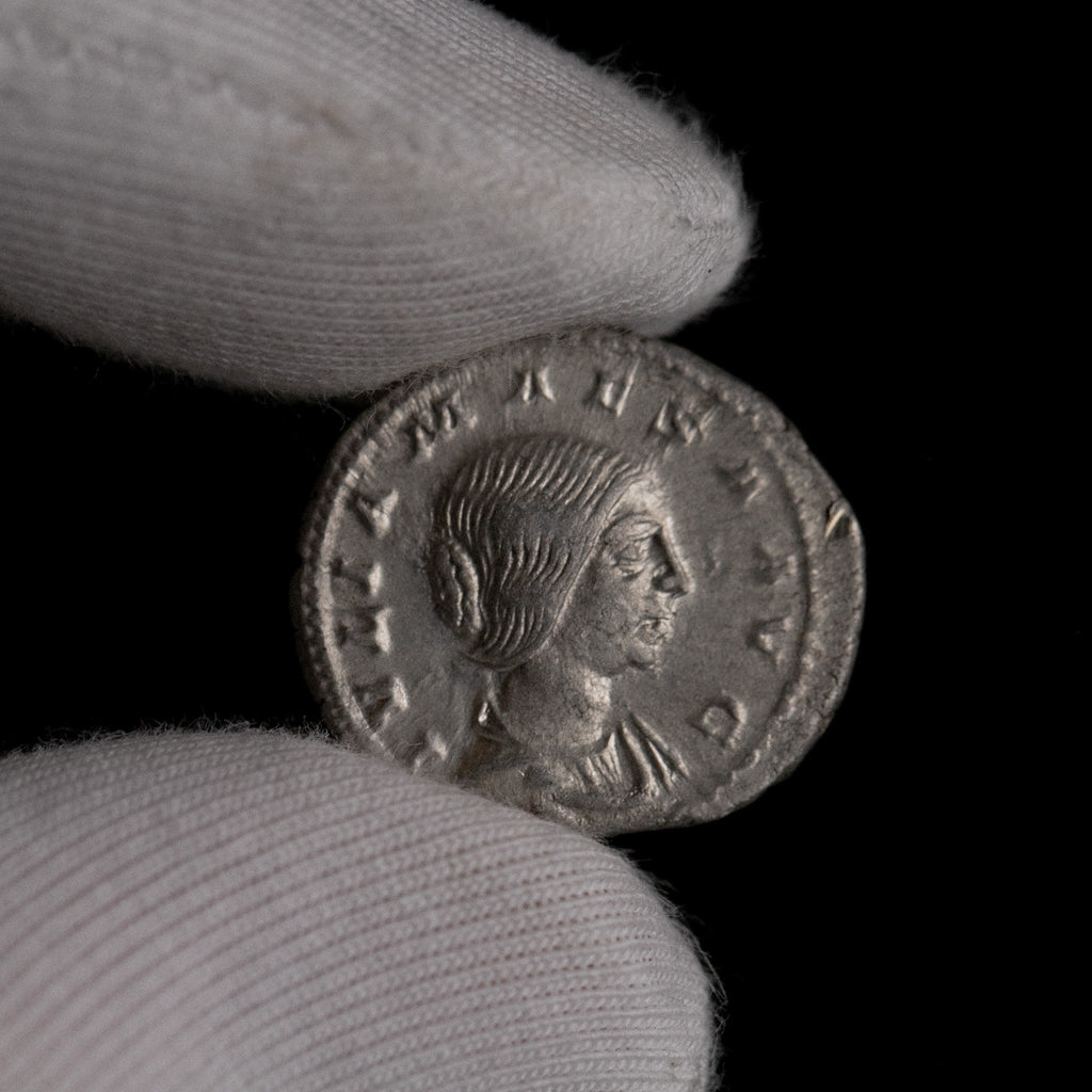 Macro detail of Roman silver denarius of Julia Maesa, portrait close-up.
