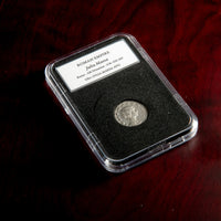Roman silver denarius of Julia Maesa in protective slab with catalog label.
