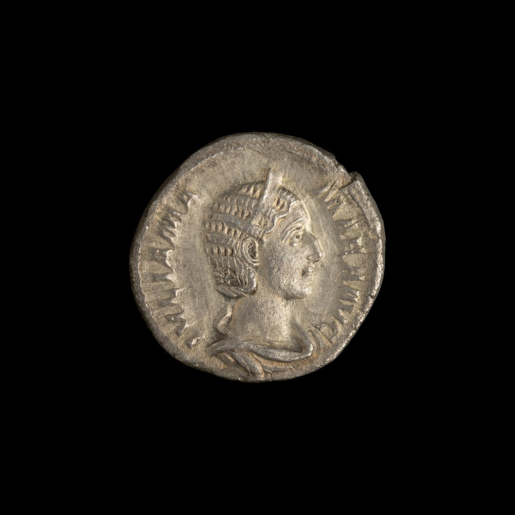 Obverse of Roman silver denarius of Julia Mamaea, legend IVLIA MAMAEA AVG, radiate or laureate bust right.