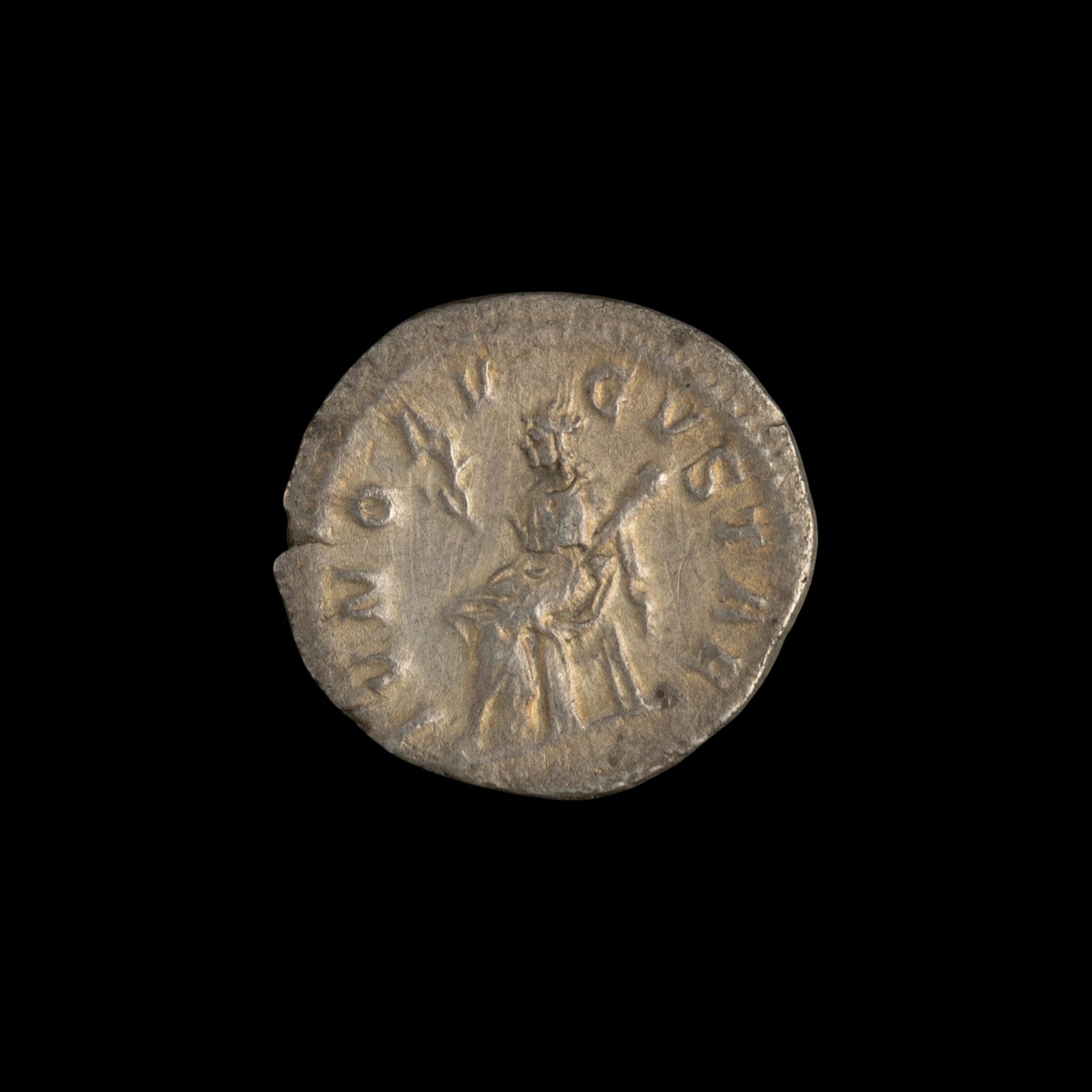 Reverse of Roman silver denarius of Julia Mamaea, showing Juno seated left holding patera and sceptre, legend IVNO AVGVSTAE.