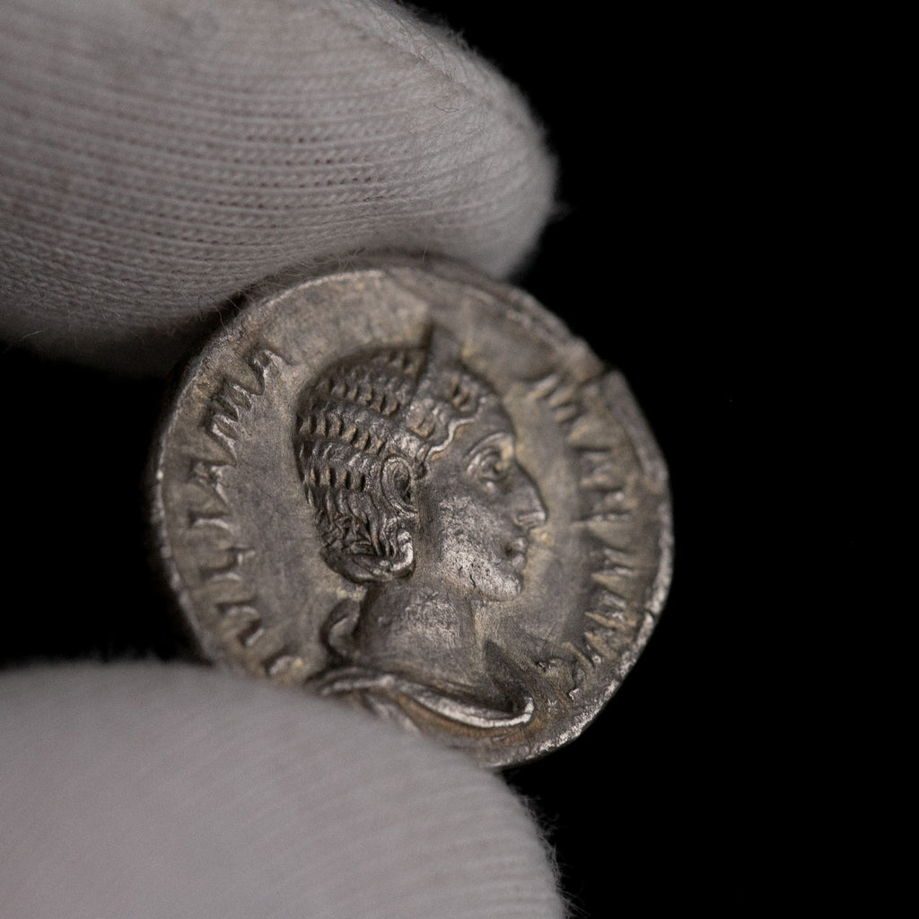 Macro detail of Roman silver denarius of Julia Mamaea, portrait close-up.