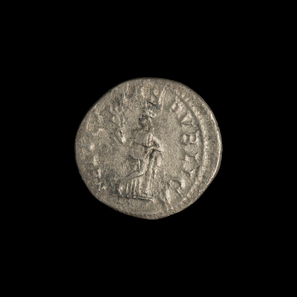 Reverse of Roman silver denarius of Julia Mamaea, showing Felicitas standing front, legend FELICITAS PVBLICA.