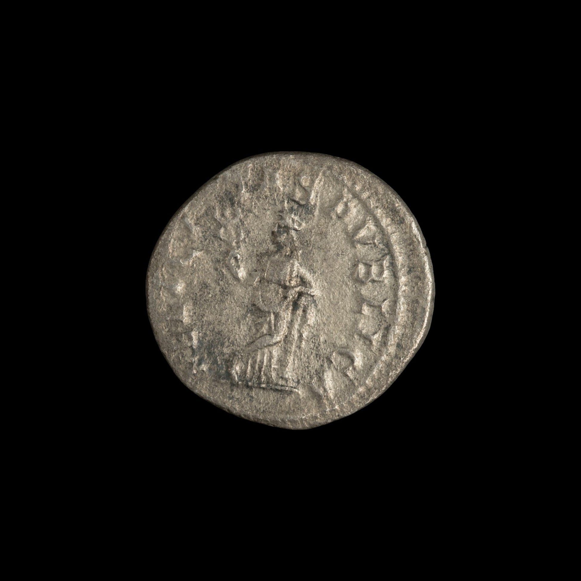 Reverse of Roman silver denarius of Julia Mamaea, showing Felicitas standing front, legend FELICITAS PVBLICA.