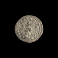 Reverse of Roman silver denarius of Julia Mamaea, showing Felicitas standing front, legend FELICITAS PVBLICA.