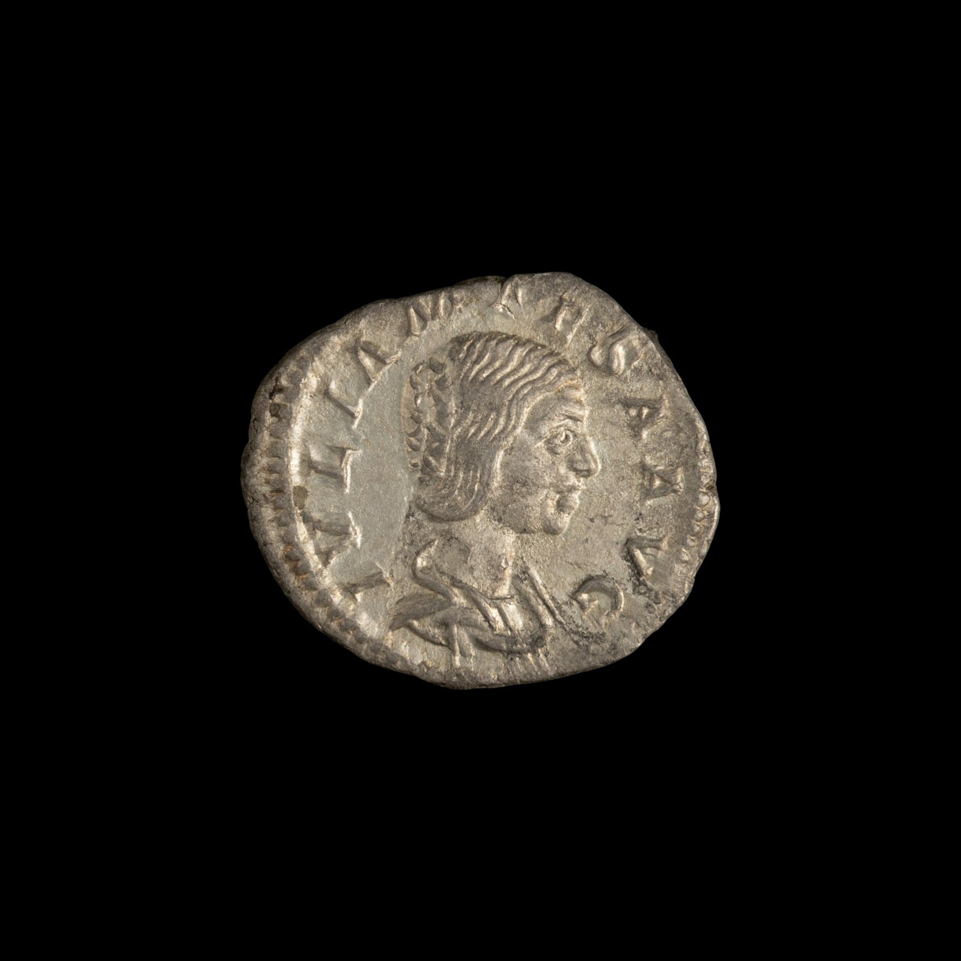 Obverse of Roman silver denarius of Julia Mamaea, legend IVLIA MAMAEA AVG, radiate or laureate bust right.