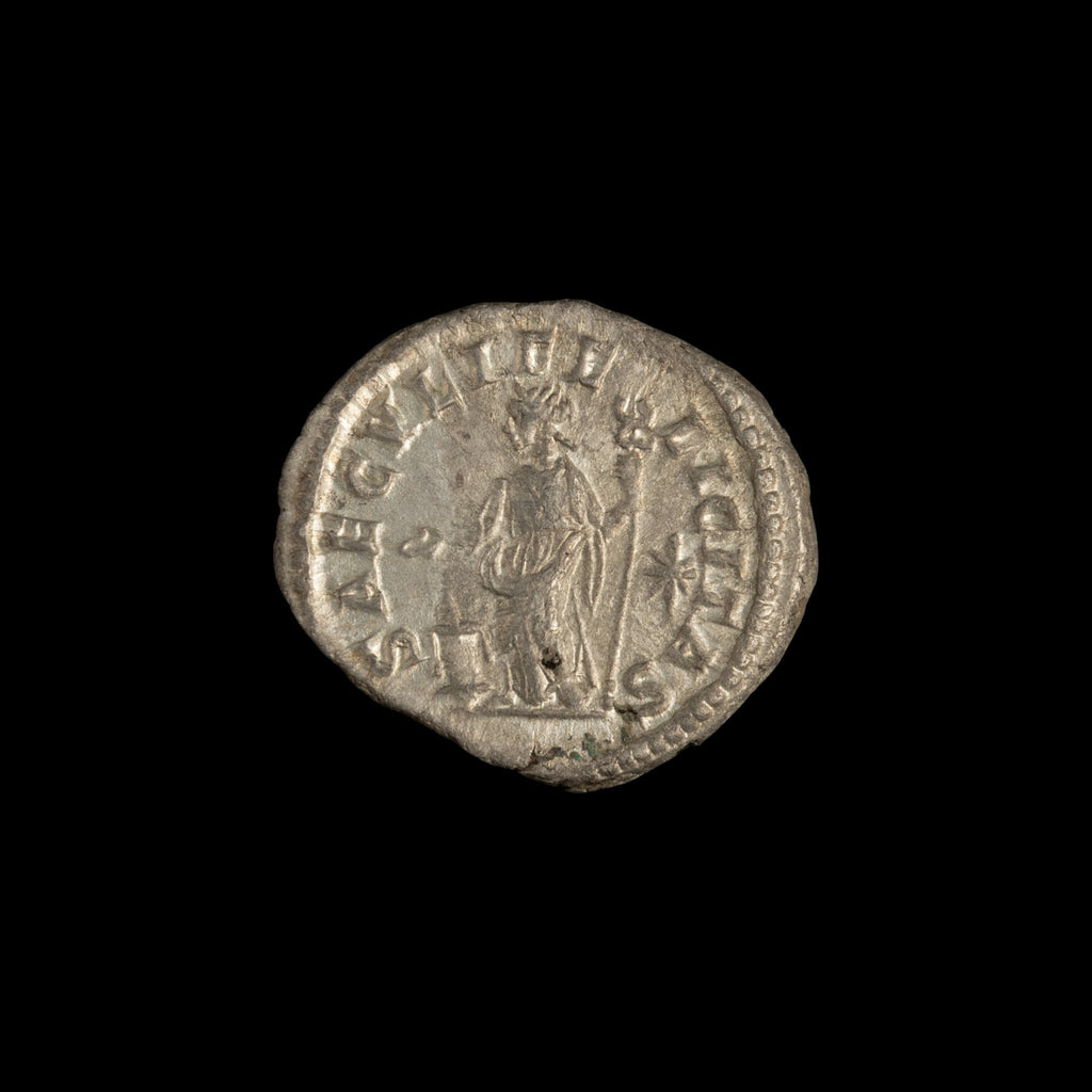 Reverse of Roman silver denarius of Julia Mamaea, showing Felicitas, legend SAECVLI FELICITAS.