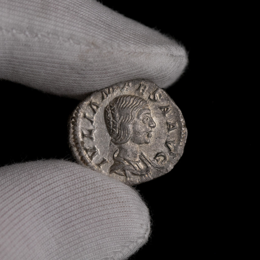 Macro detail of Roman silver denarius of Julia Mamaea, portrait close-up.