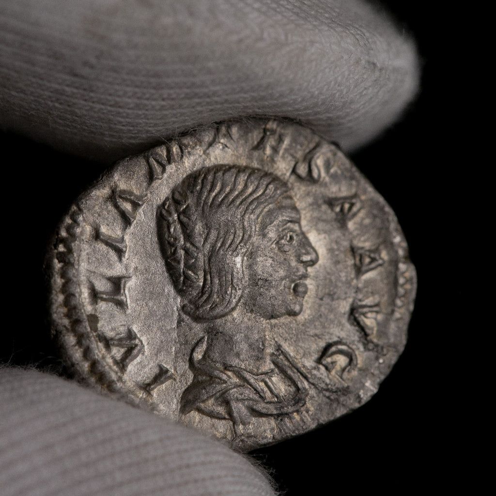 Macro detail of Roman silver denarius of Julia Mamaea, portrait close-up.