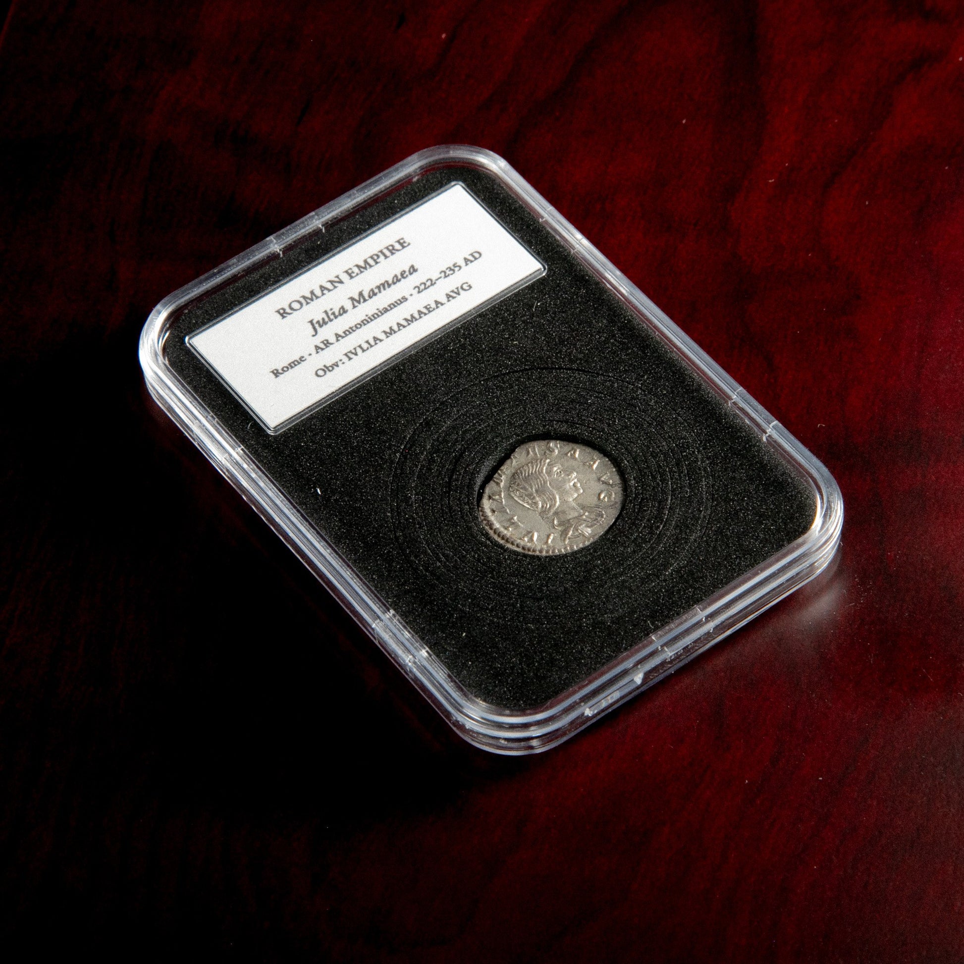 Roman silver denarius of Julia Mamaea in protective slab with catalog label.