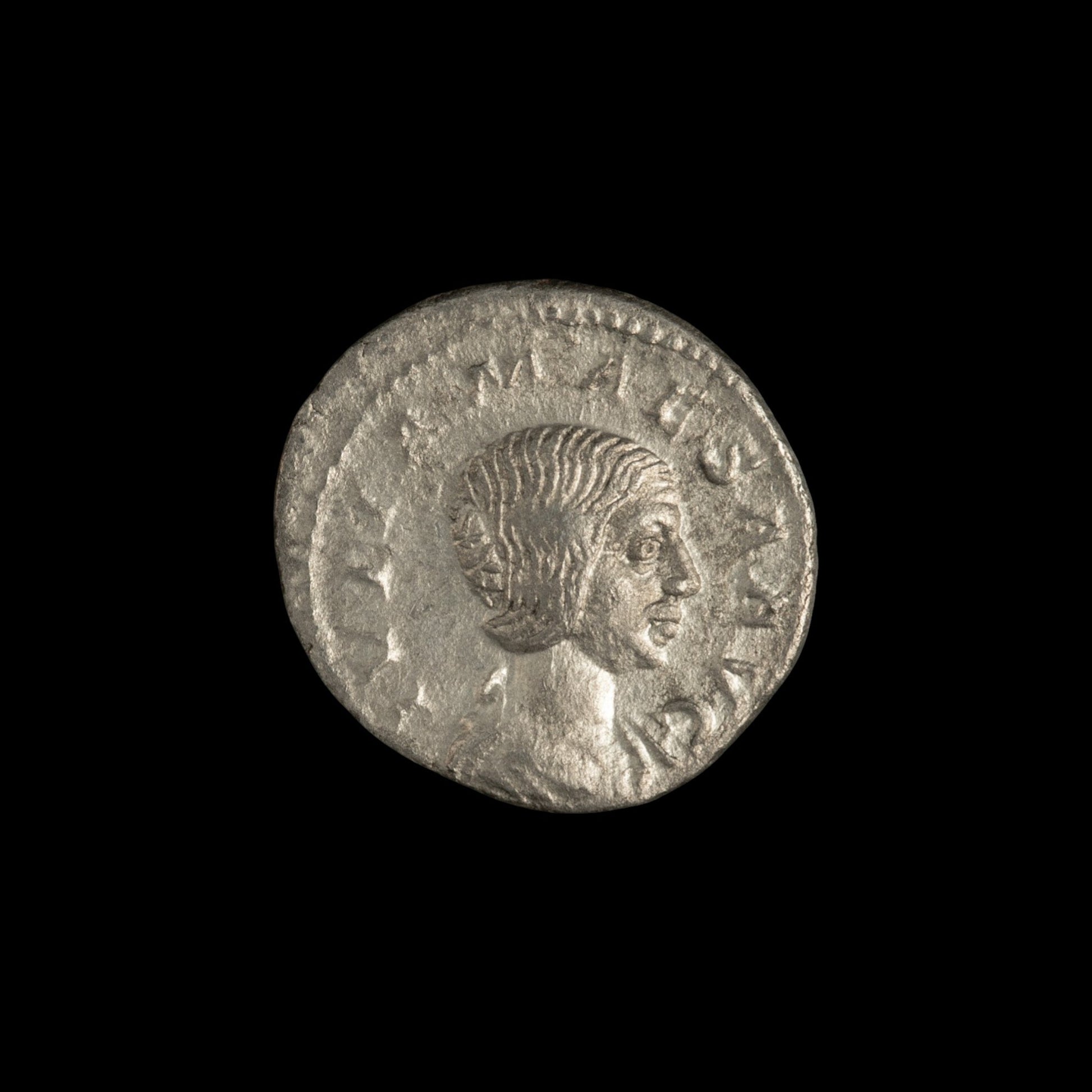 Obverse of Roman silver denarius of Julia Mamaea, legend IVLIA MAMAEA AVG, radiate or laureate bust right.