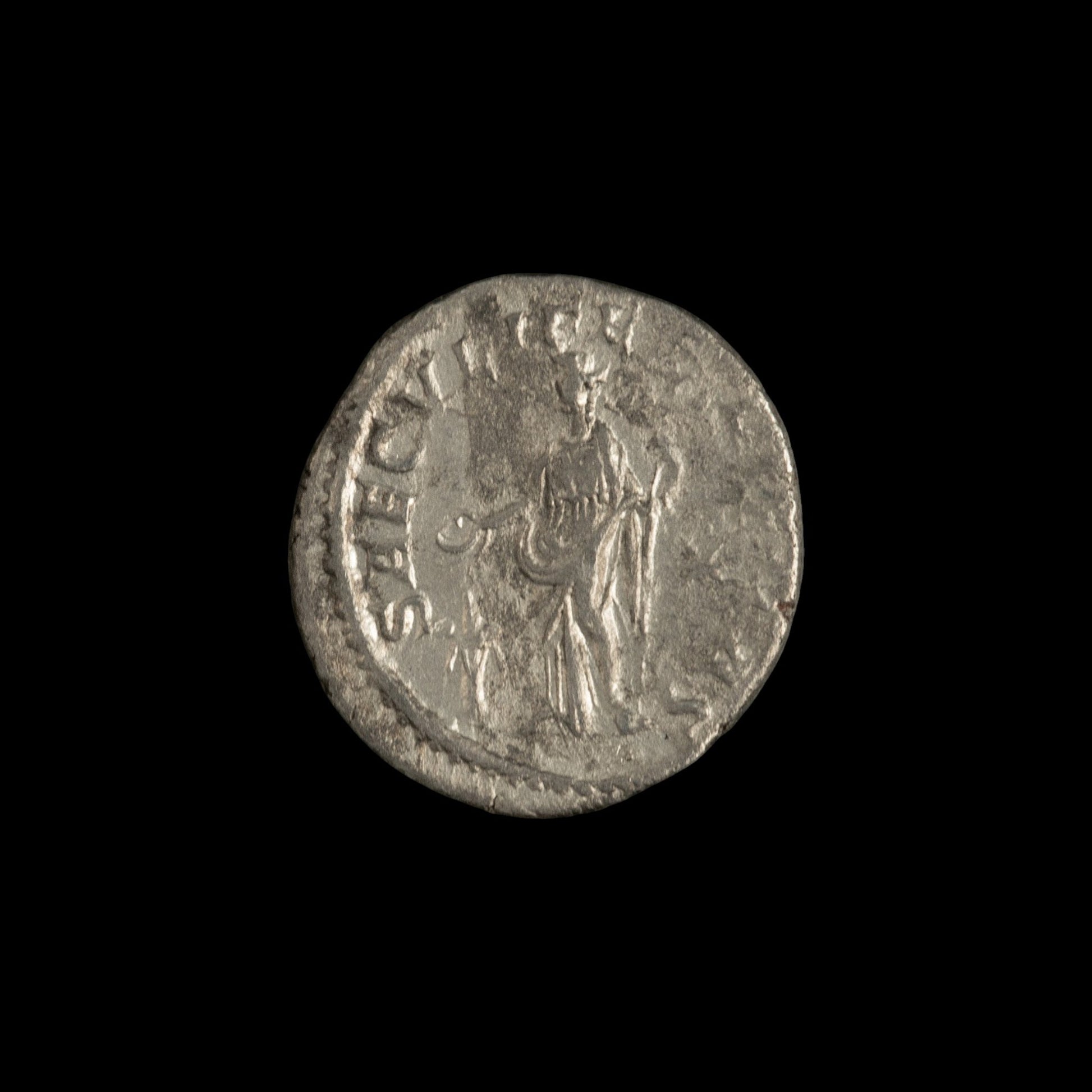 Reverse of Roman silver denarius of Julia Mamaea, showing Felicitas, legend SAECVLI FELICITAS.