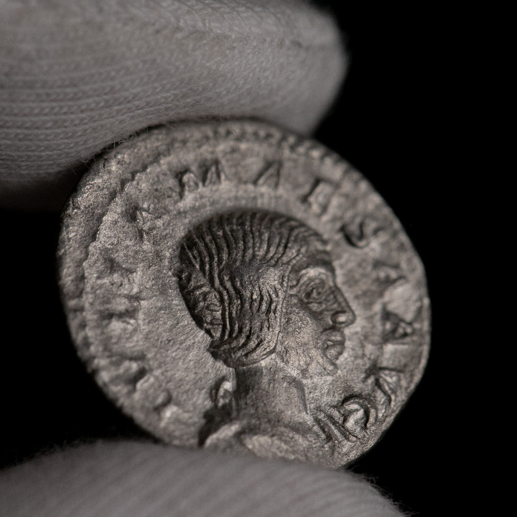 Macro detail of Roman silver denarius of Julia Mamaea, portrait close-up.