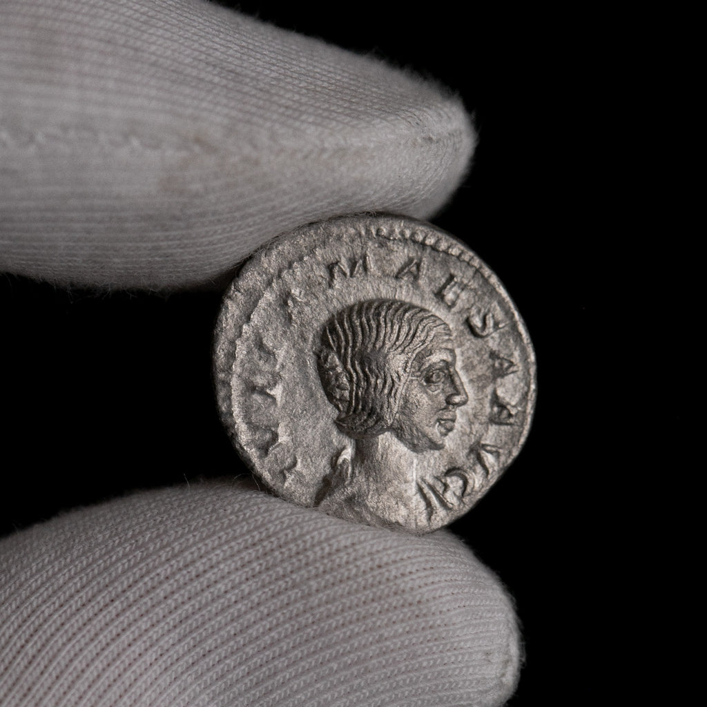 Macro detail of Roman silver denarius of Julia Mamaea, portrait close-up.