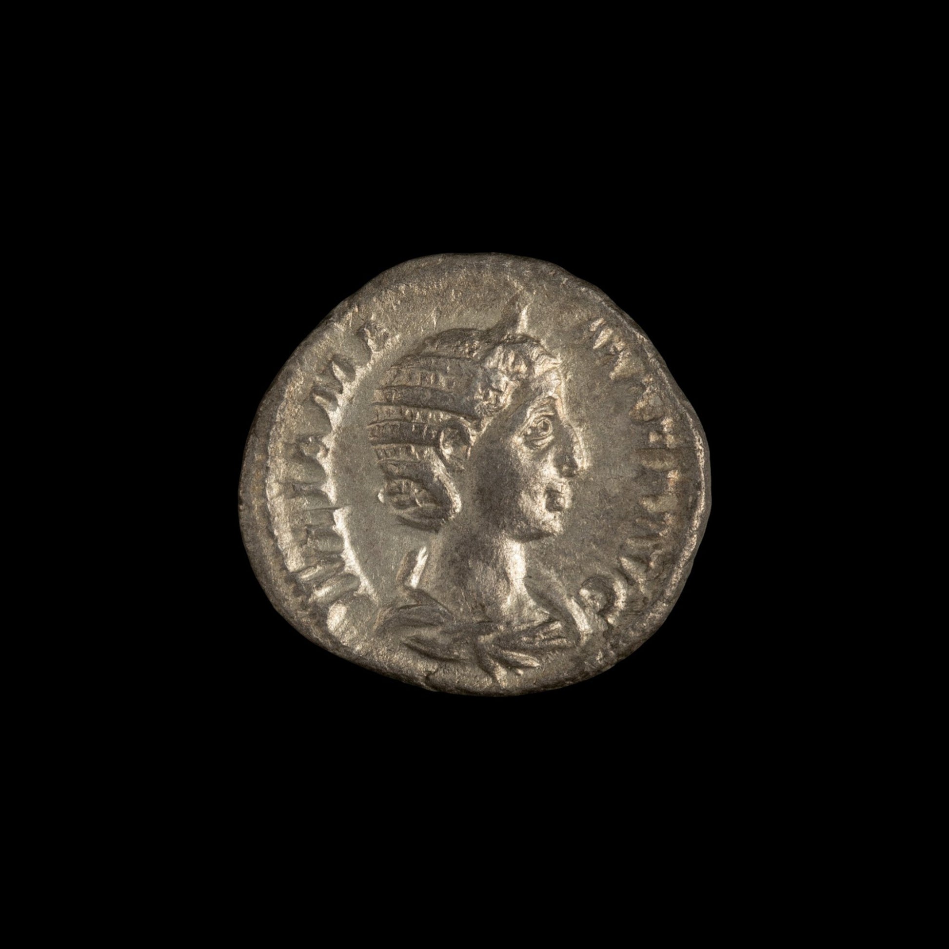 Obverse of Roman silver denarius of Julia Mamaea, legend IVLIA MAMAEA AVG, radiate or laureate bust right.