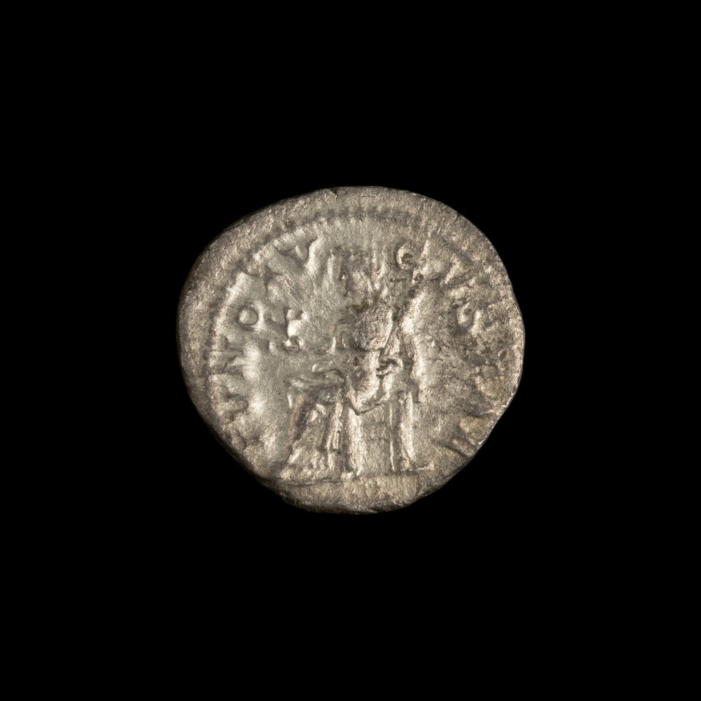 Reverse of Roman silver denarius of Julia Mamaea, showing Juno, legend IVNO AVGVSTAE.