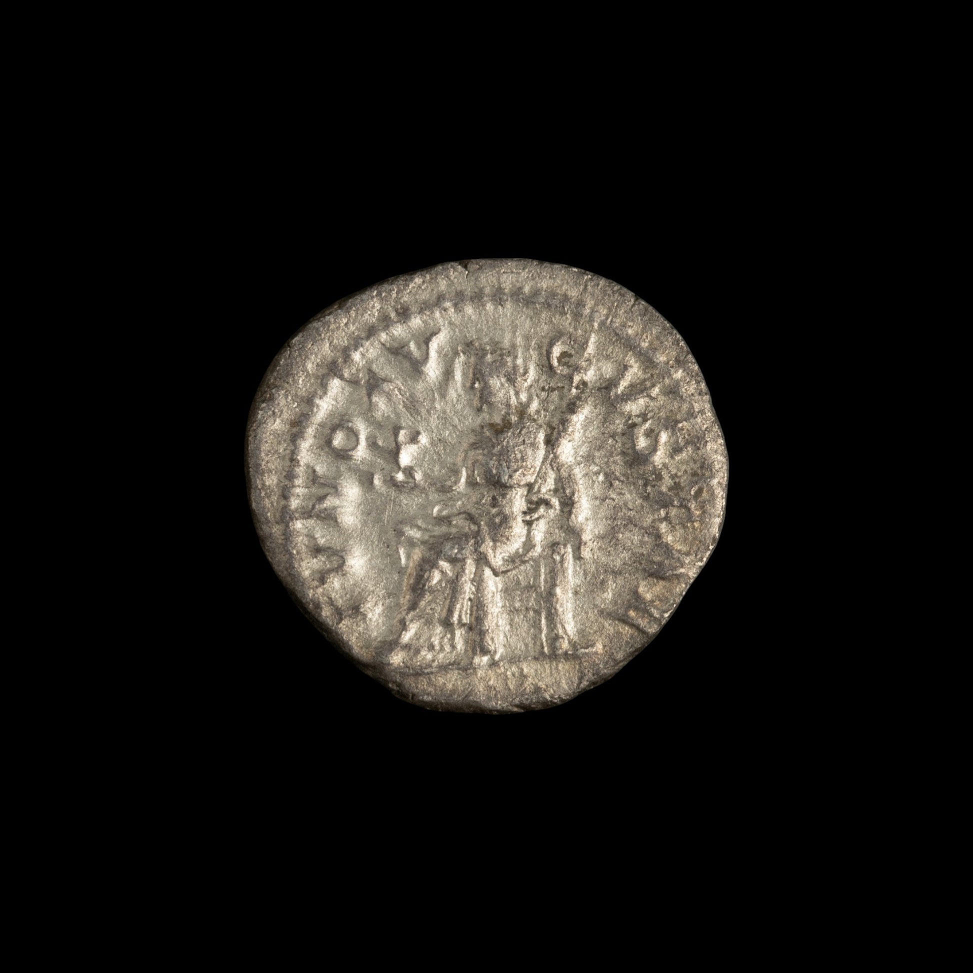 Reverse of Roman silver denarius of Julia Mamaea, showing Juno, legend IVNO AVGVSTAE.