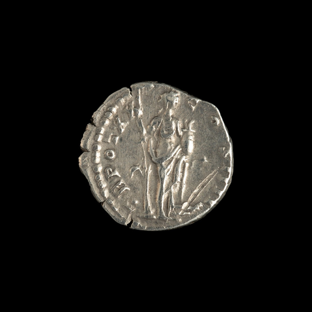 Reverse of Roman silver denarius of Antoninus Pius, showing Annona, legend TR POT XX COS IIII.