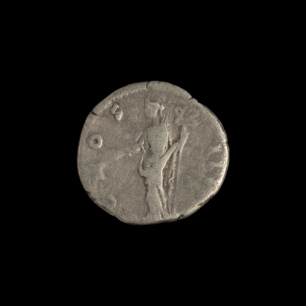 Reverse of Roman silver denarius of Antoninus Pius, showing Pax(or Felicitas), legend COS IIII.