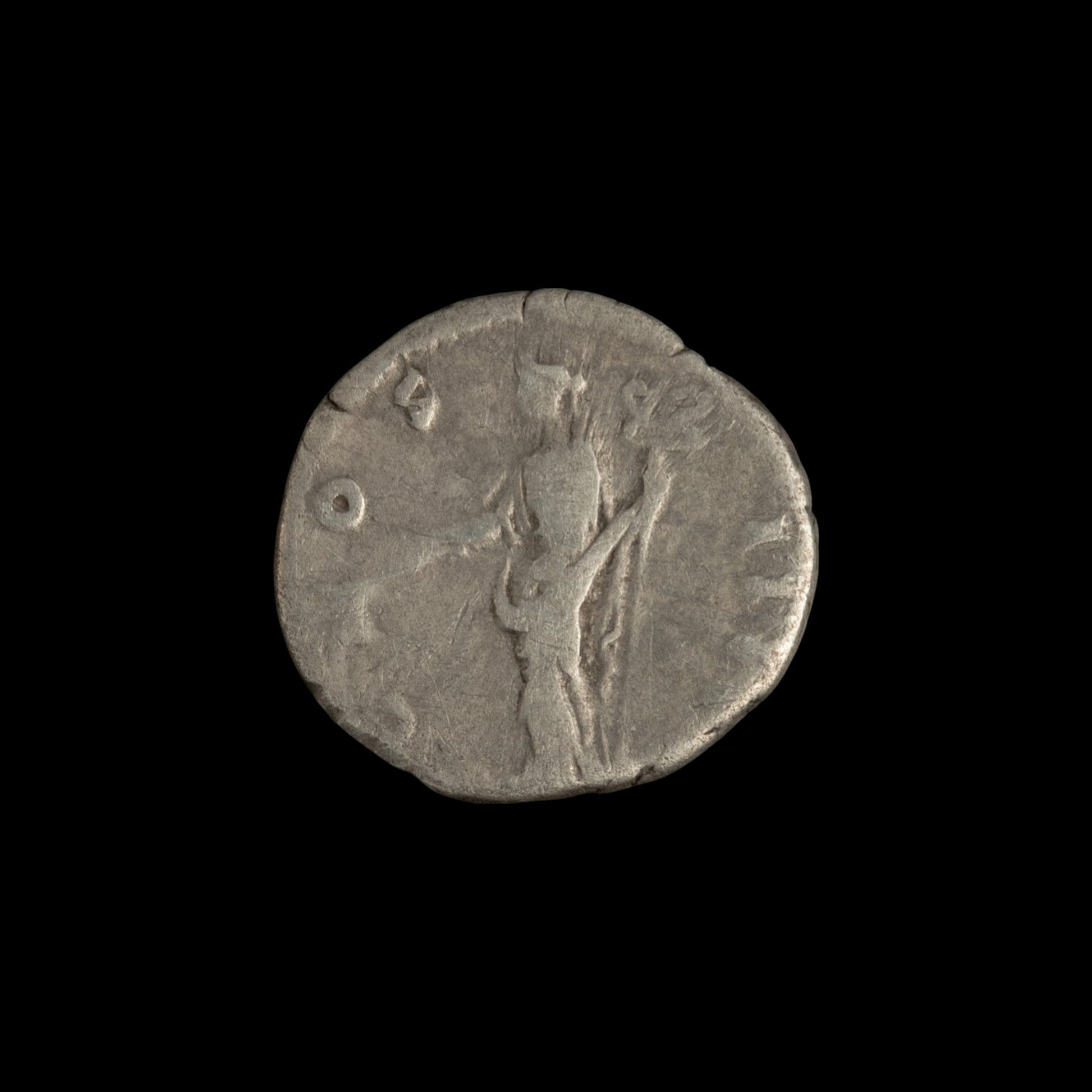 Reverse of Roman silver denarius of Antoninus Pius, showing Pax(or Felicitas), legend COS IIII.