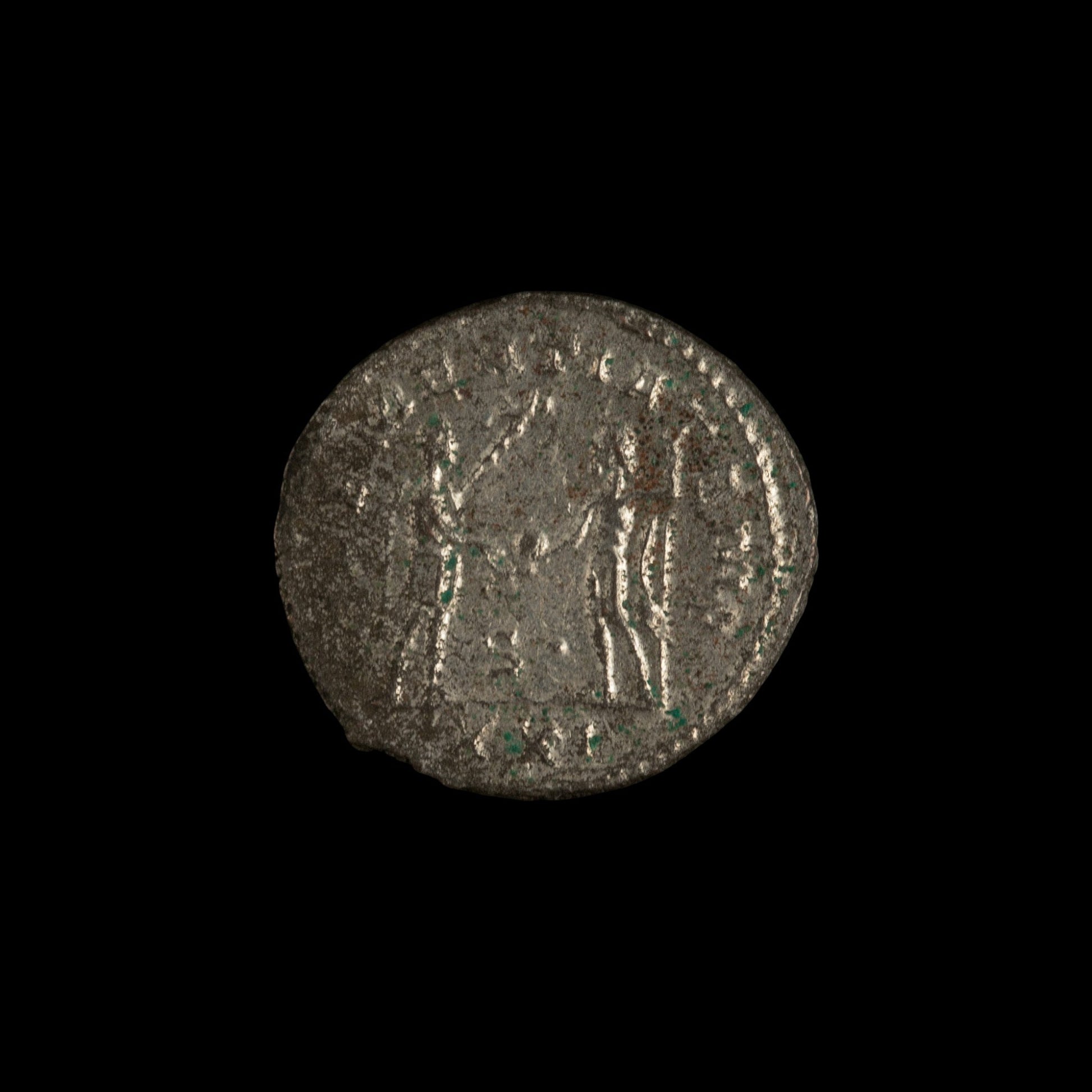 Reverse of Roman silver antoninianus of Probus, showing Probus standing right, legend CLEMENTIA TEMP.