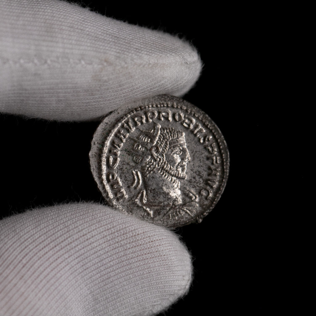 Macro detail of Roman silver antoninianus of Probus, portrait close-up.
