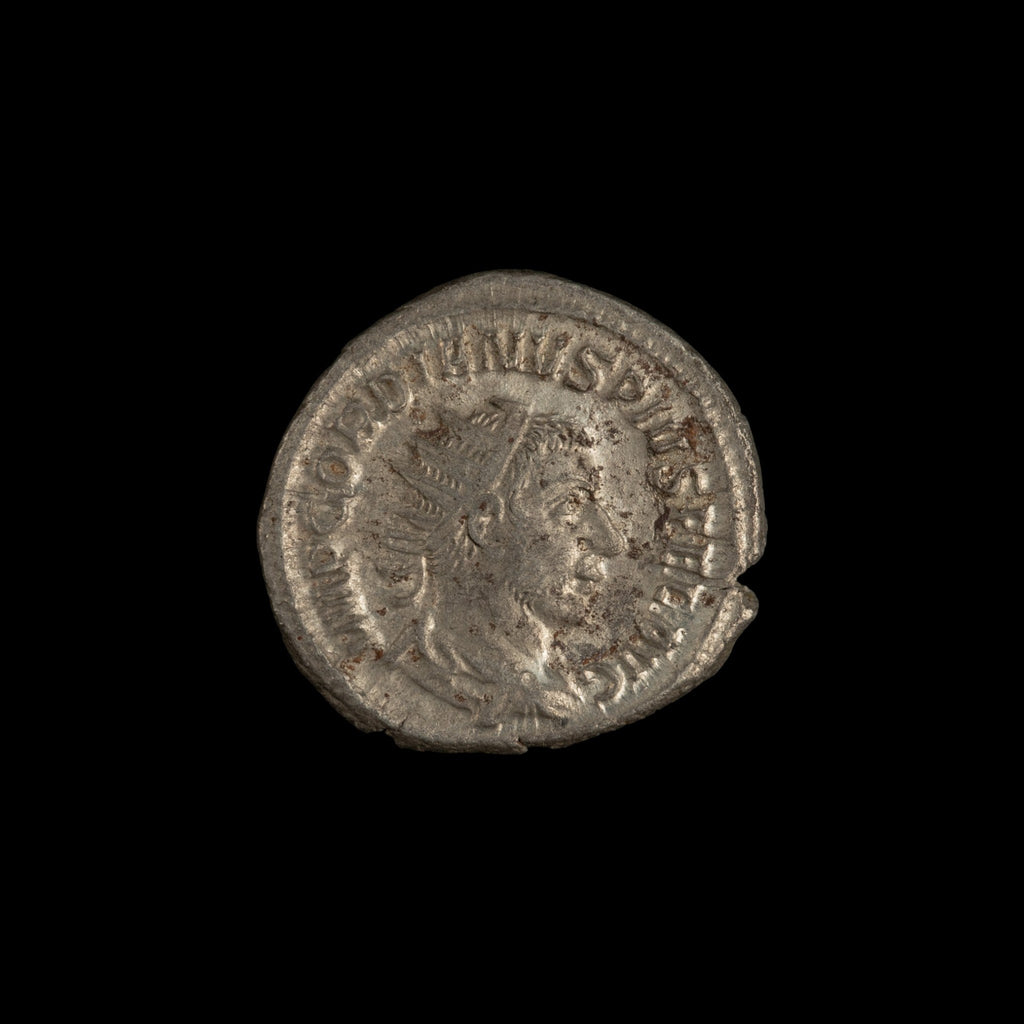 Obverse of Roman silver antoninianus of Gordian III, legend IMP GORDIANVS PIVS FEL AVG, radiate or laureate bust right.