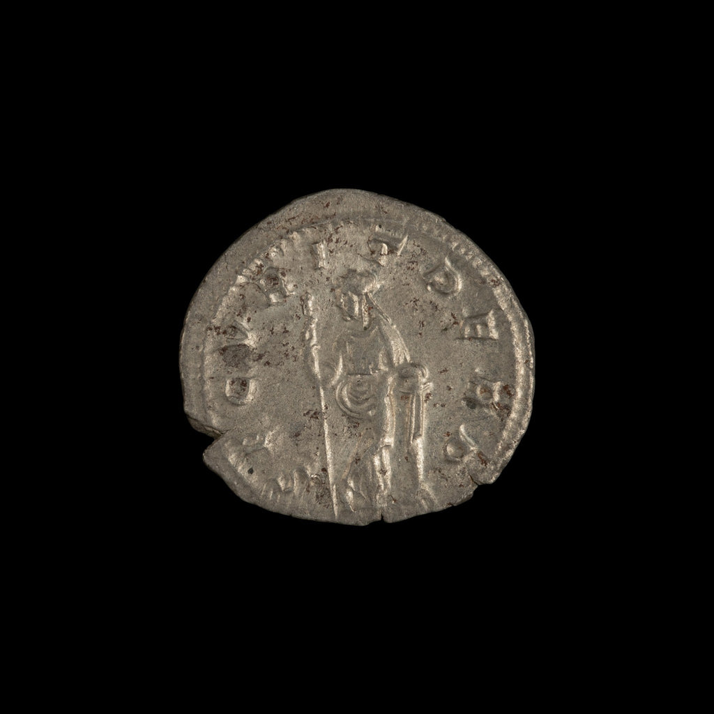 Reverse of Roman silver antoninianus of Gordian III, showing Securitas standing left, legend SECVRIT PERP.