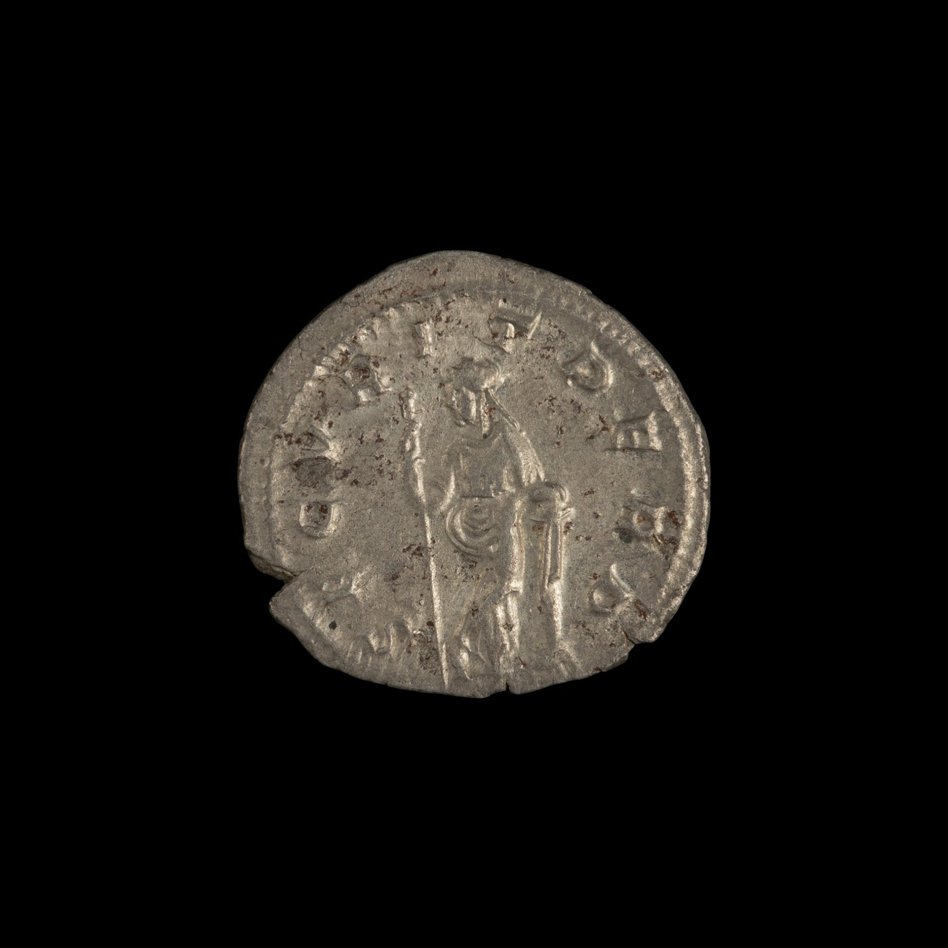 Reverse of Roman silver antoninianus of Gordian III, showing Securitas standing left, legend SECVRIT PERP.