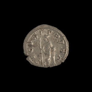Reverse of Roman silver antoninianus of Gordian III, showing Securitas standing left, legend SECVRIT PERP.