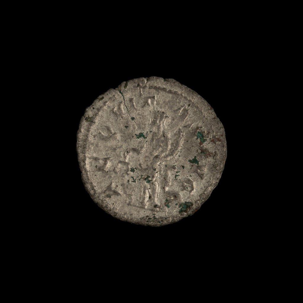 Reverse of Roman silver antoninianus of Philip II, showing Aequitas standing left, legend AEQVITAS AVGG.