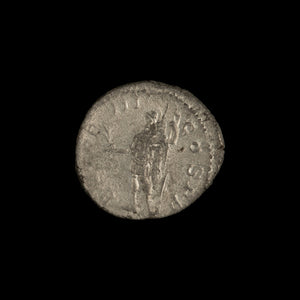 Reverse of Roman silver denarius of Severus Alexander, showing Mars, legend P M TR P III COS P P.