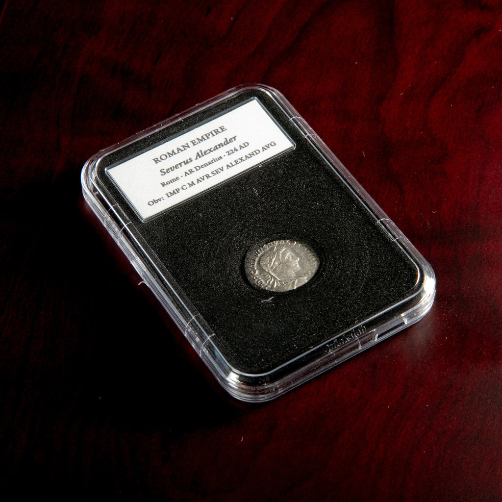 Roman silver denarius of Severus Alexander in protective slab with catalog label.