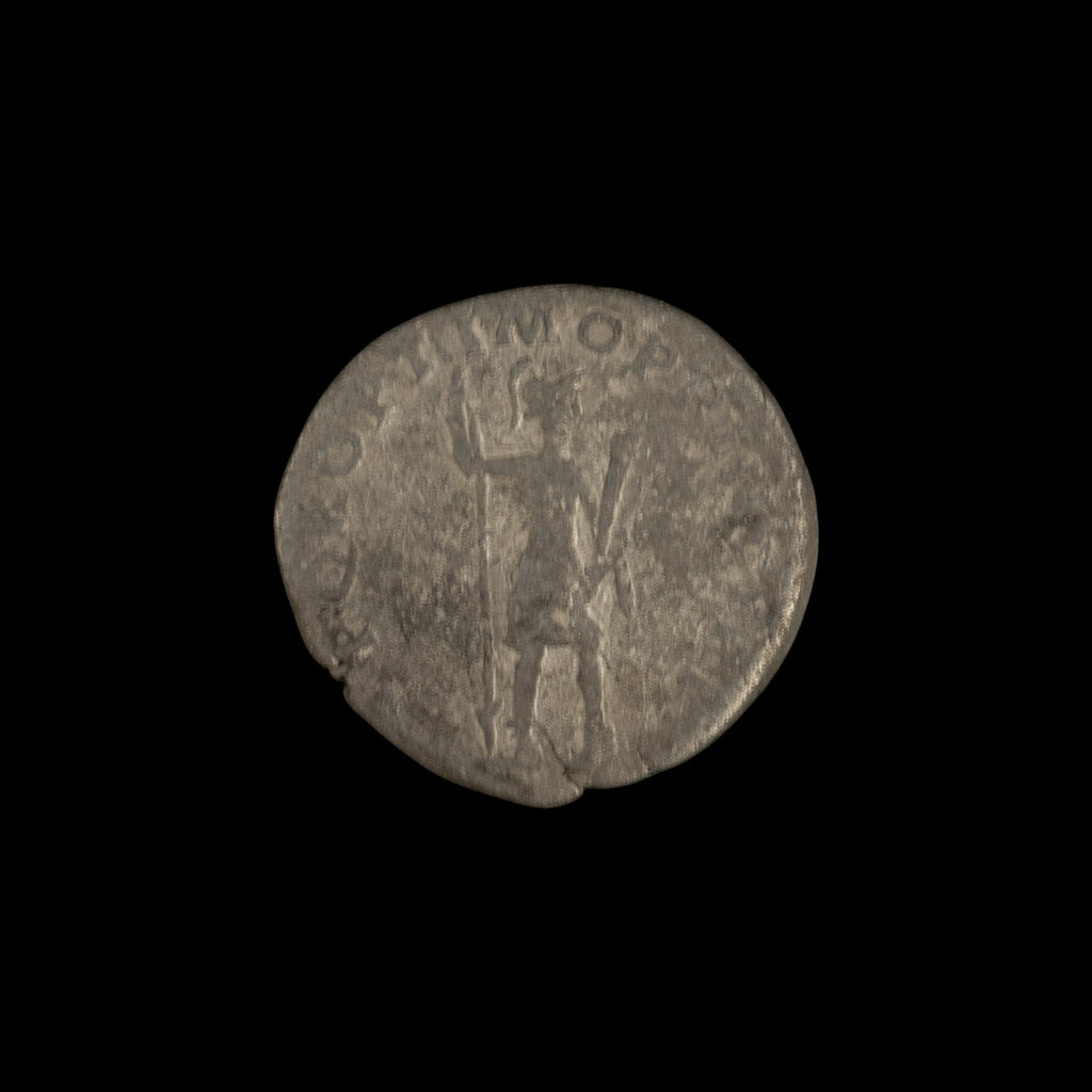 Reverse of Roman silver denarius of Trajan, showing Virtus, legend S P Q R OPTIMO PRINCIPI.