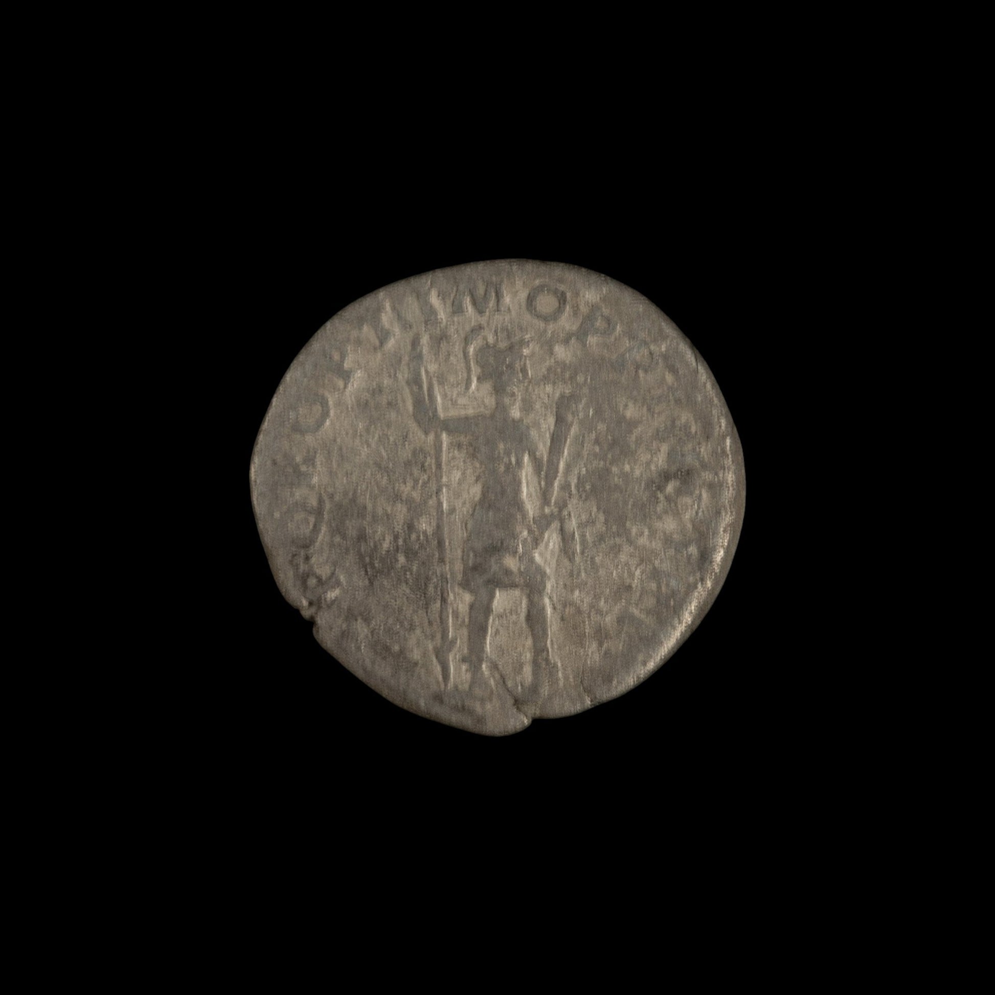 Reverse of Roman silver denarius of Trajan, showing Virtus, legend S P Q R OPTIMO PRINCIPI.