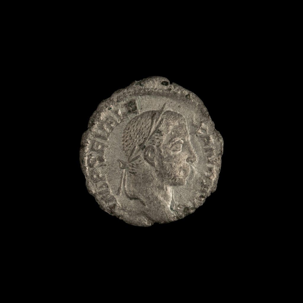 Obverse of Roman silver denarius of Severus Alexander, legend IMP SEV ALEXAND AVG, radiate or laureate bust right.