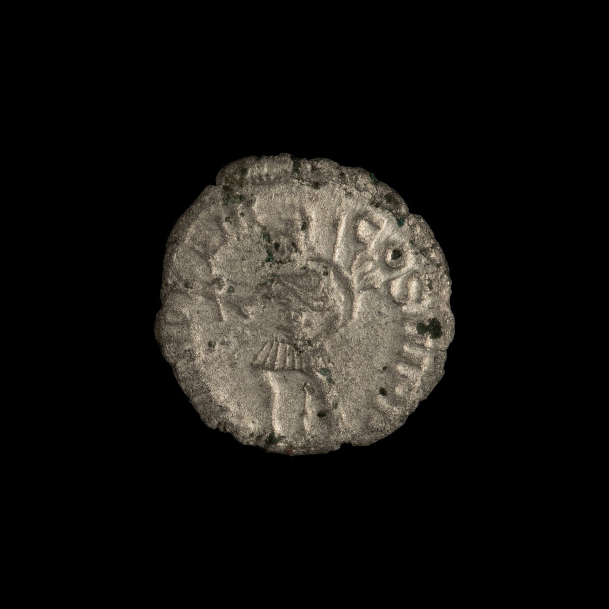Reverse of Roman silver denarius of Severus Alexander, showing Mars walking left, legend P M TR P VIII COS III P P.