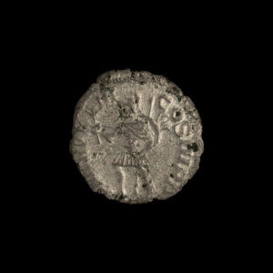 Reverse of Roman silver denarius of Severus Alexander, showing Mars walking left, legend P M TR P VIII COS III P P.