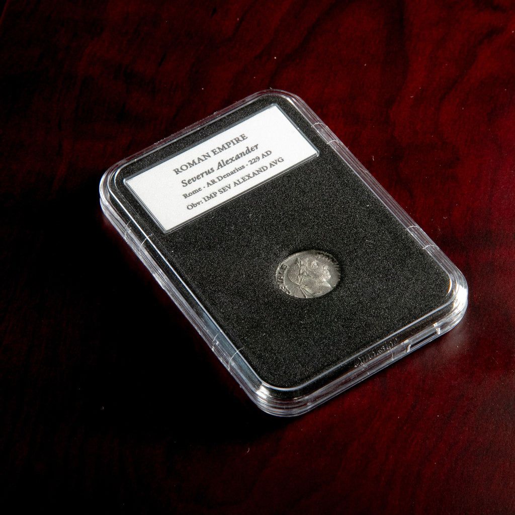 Roman silver denarius of Severus Alexander in protective slab with catalog label.